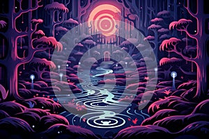 Enchanted forest labyrinths, twisting and turning with magical illusions - Generative AI