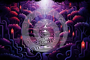 Enchanted forest labyrinths, twisting and turning with magical illusions - Generative AI