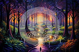 Enchanted forest labyrinths, twisting and turning with magical illusions - Generative AI