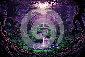 Enchanted forest labyrinths, twisting and turning with magical illusions - Generative AI