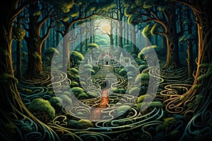 Enchanted forest labyrinths, twisting and turning with magical illusions - Generative AI