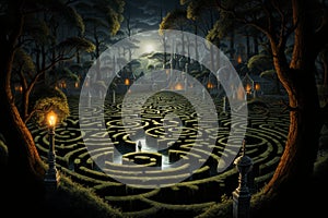 Enchanted forest labyrinths, twisting and turning with magical illusions - Generative AI