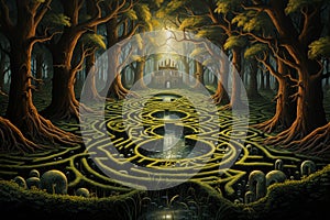 Enchanted forest labyrinths, twisting and turning with magical illusions - Generative AI