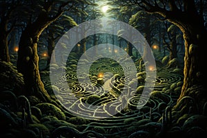 Enchanted forest labyrinths, twisting and turning with magical illusions - Generative AI