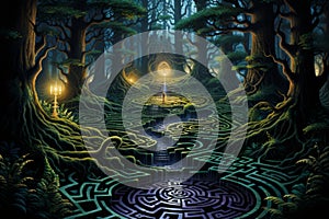 Enchanted forest labyrinths, twisting and turning with magical illusions - Generative AI