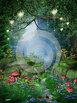 Enchanted forest with lanterns photo