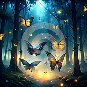 Enchanted Forest with Luminous Butterflies