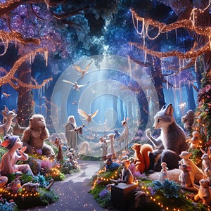 Enchanted forest with magical creatures and fairy lights, phot