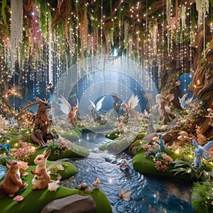 Enchanted forest with magical creatures and fairy lights, phot