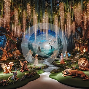 Enchanted forest with magical creatures and fairy lights, phot