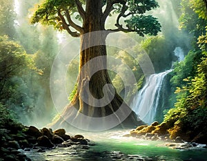 Enchanted forest with majestic tree and waterfall