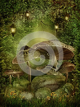 Enchanted forest with mushrooms photo