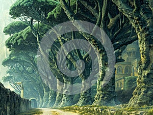 Enchanted Forest with Mystical Trees and Ancient Castle Fantasy Landscape Suitable for Book Covers and Backgrounds