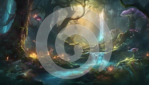 The Enchanted Forest: A Mystical Wonderland of Glowing Plants and Mythical Creatures, Generative AI photo