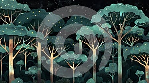 Enchanted Forest at Night: Mystical Trees and Starry Sky