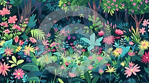Enchanted Forest Night Scene with Lush Floral Elements