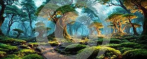 Enchanted forest. An otherworldly forest landscape with majestic ancient trees. Generative AI