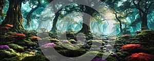 Enchanted forest. An otherworldly forest landscape with majestic ancient trees. Generative AI