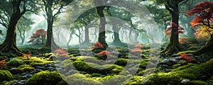 Enchanted forest. An otherworldly forest landscape with majestic ancient trees. Generative AI