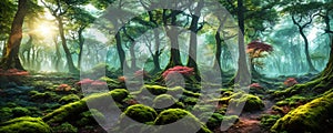 Enchanted forest. An otherworldly forest landscape with majestic ancient trees. Generative AI