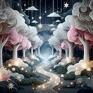 Enchanted forest in painting art, sparkles stars, paper cut cloud forest, pink and white tree leaves rustle mysteriously in breeze photo