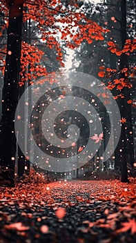 Enchanted forest path with falling red leaves and magical atmosphere