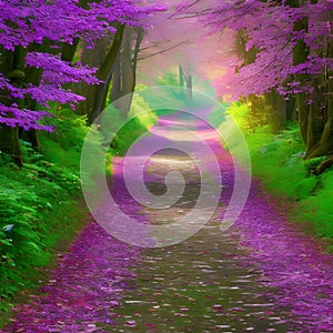 435 Enchanted Forest Path: A mystical and enchanting background featuring a forest path with magical elements in soft and enchan