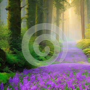 435 Enchanted Forest Path: A mystical and enchanting background featuring a forest path with magical elements in soft and enchan