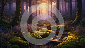 Magical Stone Steps in a Mossy Forest at Sunrise