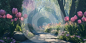 Enchanted Forest Pathway with Pink Tulips