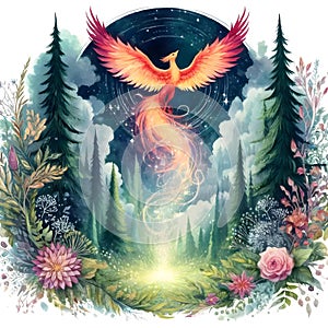 Enchanted forest with a Phoenix. Watercolor illustration on a white background