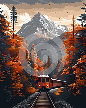 Enchanted Forest Railway Journey: Vibrant Painting of a Train Traversing a Lush Swiss Landscape