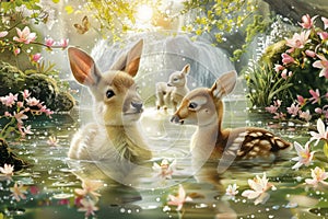Enchanted Forest Scene with Adorable Fawns and Playful Rabbits by the Waterfall amidst Blooming Flowers and Sunbeams