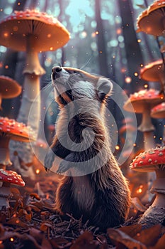 Enchanted Forest Scene with Curious Raccoon Amongst Glowing Mushrooms and Misty Trees