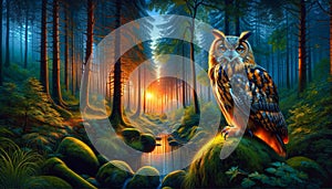 Enchanted forest scene with a majestic owl perched on a branch, mystical light filtering through the trees