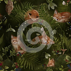 Enchanted forest. Seamless pattern. Sleeping Foxes, flowers and berries on green dark background