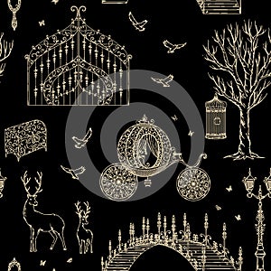 Enchanted forest. Seamless pattern with vintage gate, lantern, carriage, bridge, tree, chest, cage, mirror, deer.