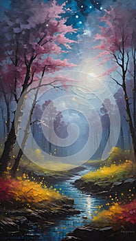 Enchanted forest with small river, twilight sky, moon, sparkling stars, tree, foggy night, painting art of nature