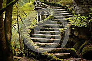 Enchanted forest stairway with moss-covered steps