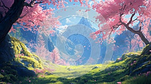 Enchanted forest with sunlight and vibrant trees representing nature and magic photo