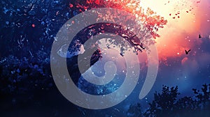 Enchanted Forest at Sunset: A Digital Painting of a Silhouette Tree with Birds