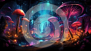 An enchanted forest in a technicolor dreamscape, with glowing mushrooms and shimmering fireflies night by AI generated