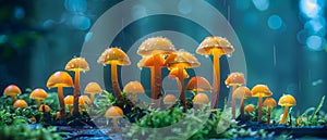 Enchanted Forest Toadstools: A Glimmering Microcosm. Concept Enchanted Forest, Toadstools, photo