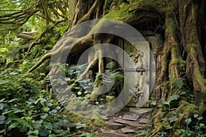 enchanted forest tree door to an overgrown garden