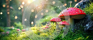 Enchanted Forest With Vibrant Red Toadstools Bathed In Sunlight