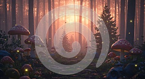 enchanted forest with whimsical mushrooms and fireflies at sunset - generated using ai