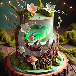 Enchanted Forest Woodland Tiered Cake with Glowing Ladybug and Moss Decor AI-GENERATED