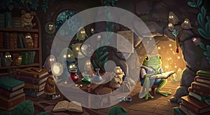Frog Scholar's Enchanted Cave Study