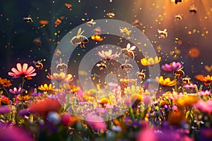 Enchanted Garden with Bees Pollinating Flowers at Sunset. Generative ai