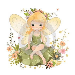 Enchanted garden dreams, adorable illustration of colorful fairies with cute wings and dreamy flower magic